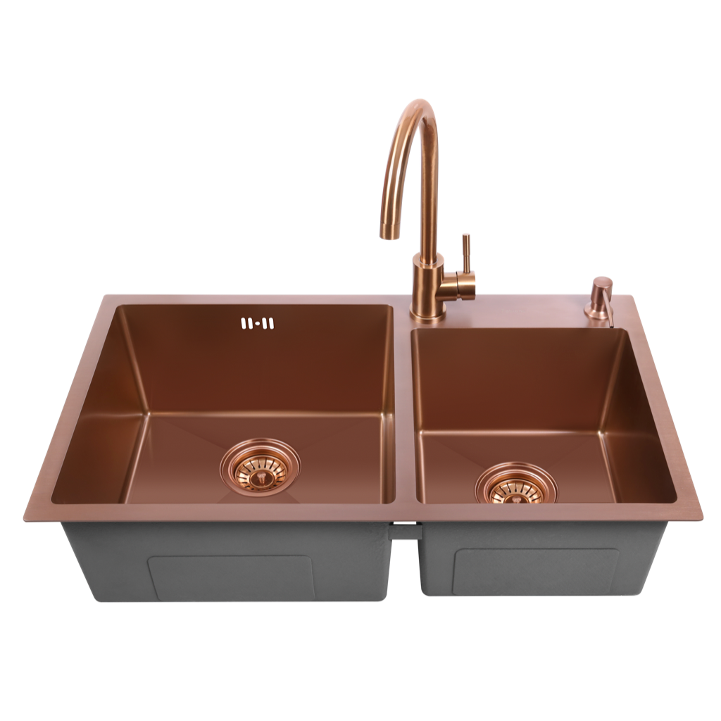 Chiuvetă Nano PVD 78 x 43 / 18 mm + baterie + dozator Bronz